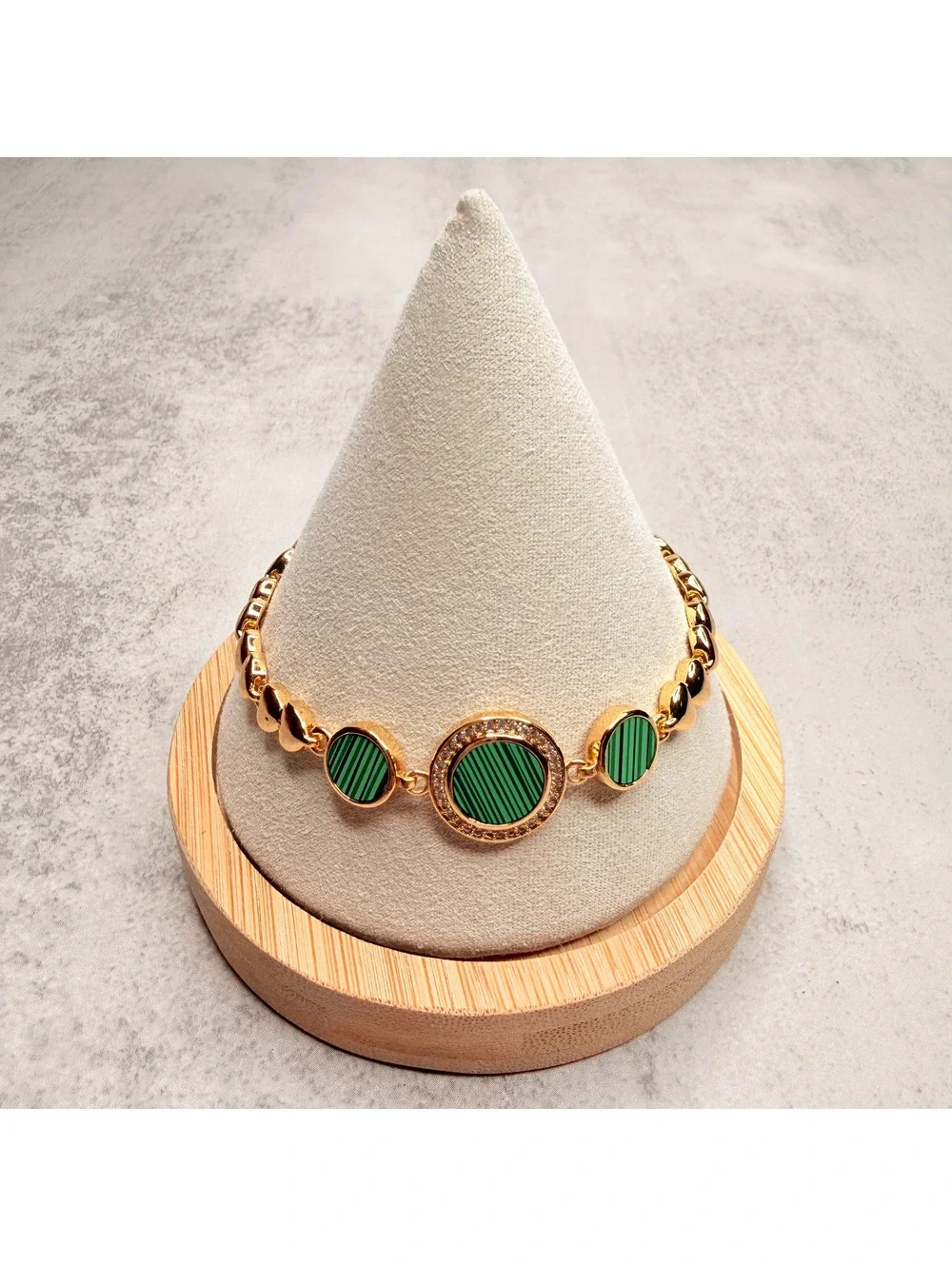 candy+clover Green Striped Enamel Cabochon Gold Heart Link Bracelet